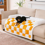 Cream Square Plaid Cozy Dog Mat Furniture Protector Cover