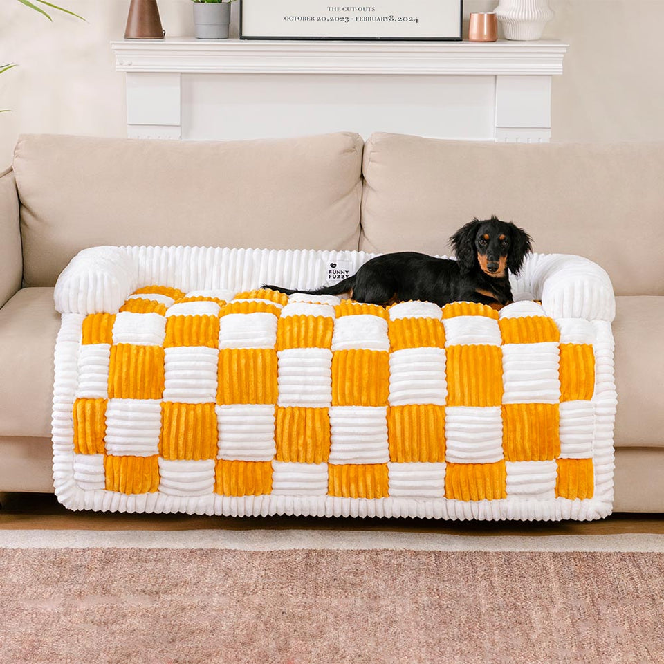 Cream Square Plaid Cozy Dog Mat Furniture Protector Cover