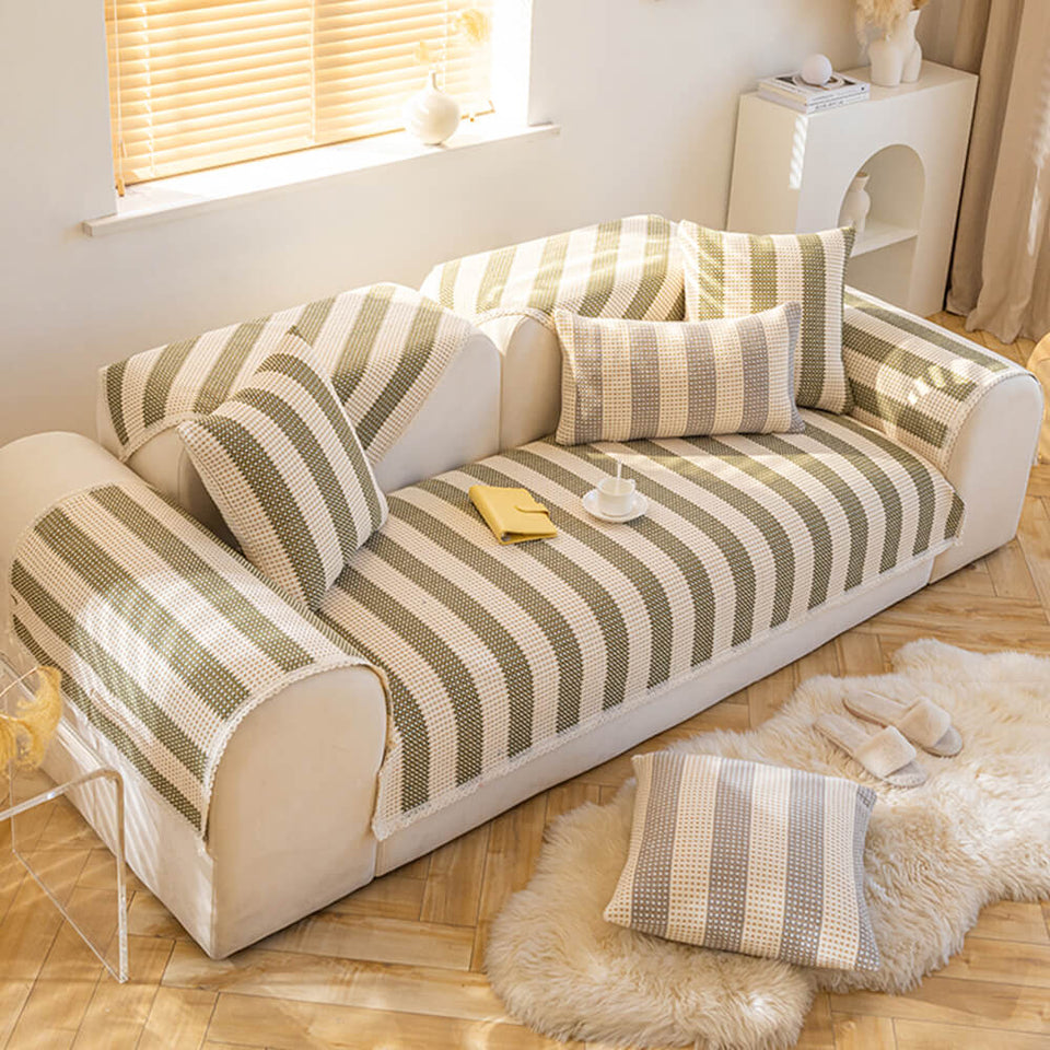 Cotton Linen Stripe Anti-scratch Furniture Protector Couch Cover
