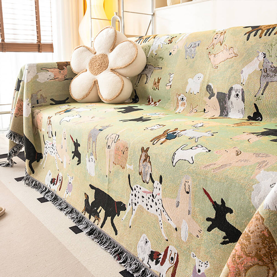 Dog Park Themed Anti-Scratch Tassel Edge Throw Couch Cover
