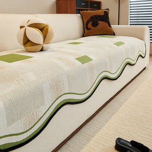 Durable Herringbone Pattern Anti-Slip Couch Cover with Wavy Trim – Pet Scratch Resistant